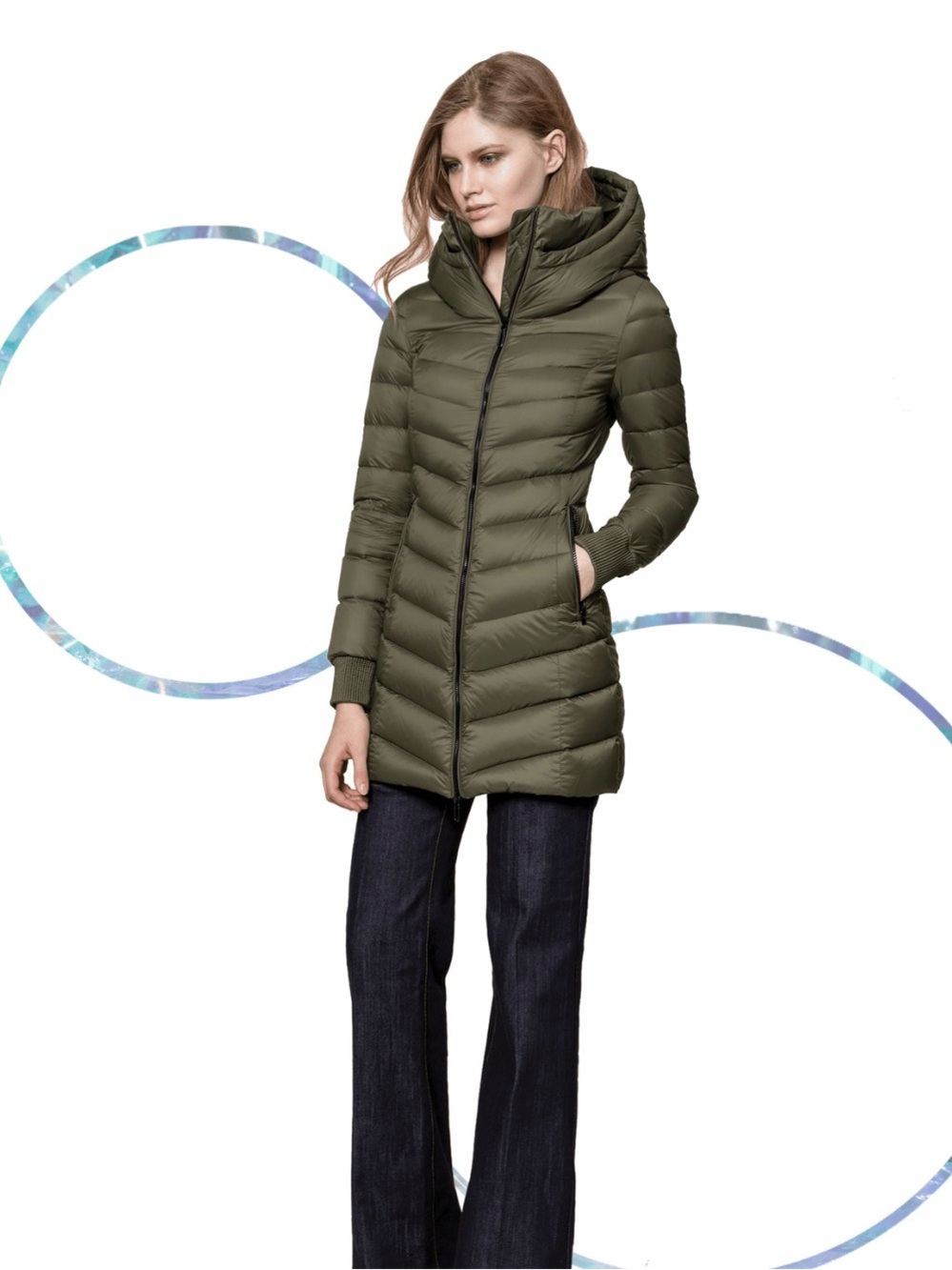 Soia & Kyo Alanis Olive Green Quilted Puffer Jacket with High Collar Size S